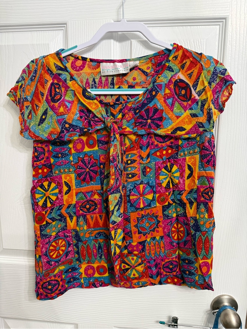 Vintage Passports Pier 1 Imports Rayon Blouse Colorful Abstract Boho 90s PM
